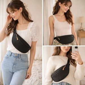 Canvelle Oversized Belt Bag Black Quilted Crossbody Fanny Pack Gold Hardware